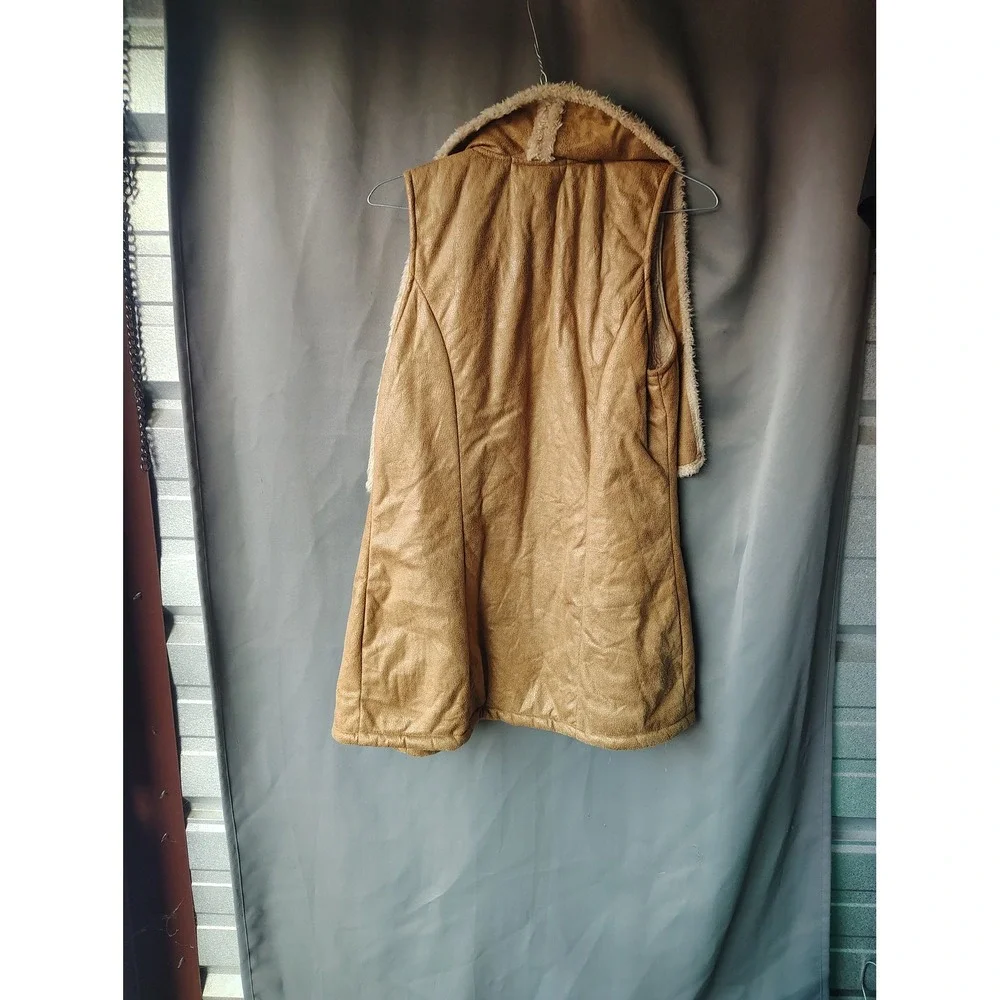 Envy Tan Faux Suede Shearling Lined Longline Vest Womens Medium Open Front